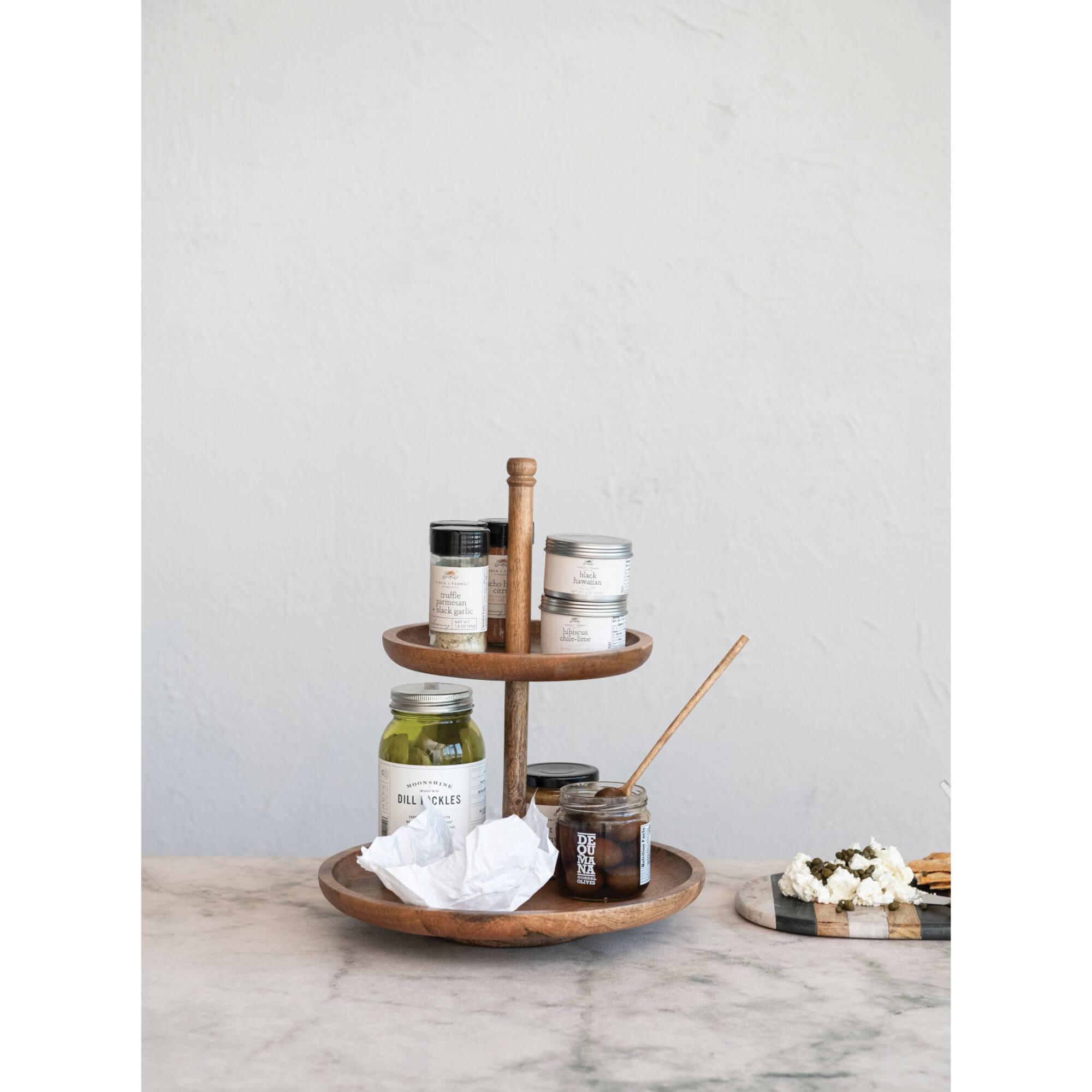 Hello Honey® 16" Round Natural Mango Wood 2-Tier Tray